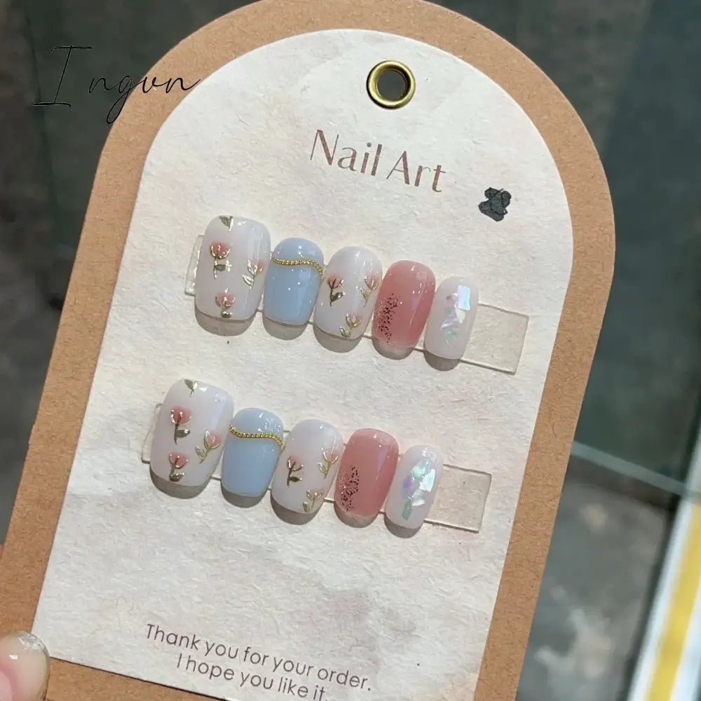10Pcs Pink Cute Handmade Press on Nails Full Cover Bear Rhinestone Summer French Short False Nails Wearable Manicure Nail Tips