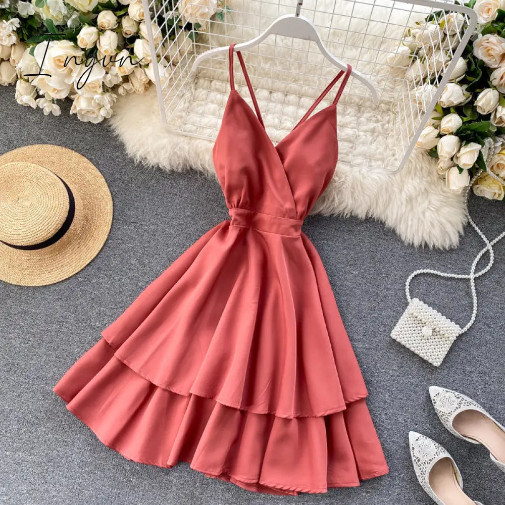 Ingvn - Summer Spring Beach Holiday V-Neck Backless Lace Up Ruffles Cakes Solid Elegant Women Lady A-line High Waist Dress