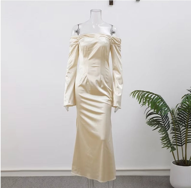 Elegant Women's Backless Satin Autumn Evening Dress Female Flare Long Sleeve Split Maxi Dress Femme Chic Slim Party Dresses