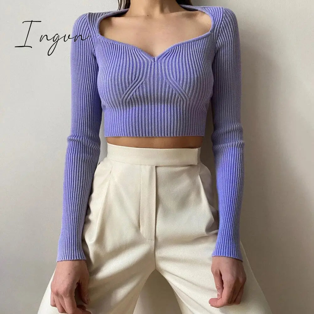Ingvn - Fashion Trends European and American Fashion Autumn New Women's Solid Color Long-sleeved Slim Top Feminine Peach Heart V-neck Woolen Sweater