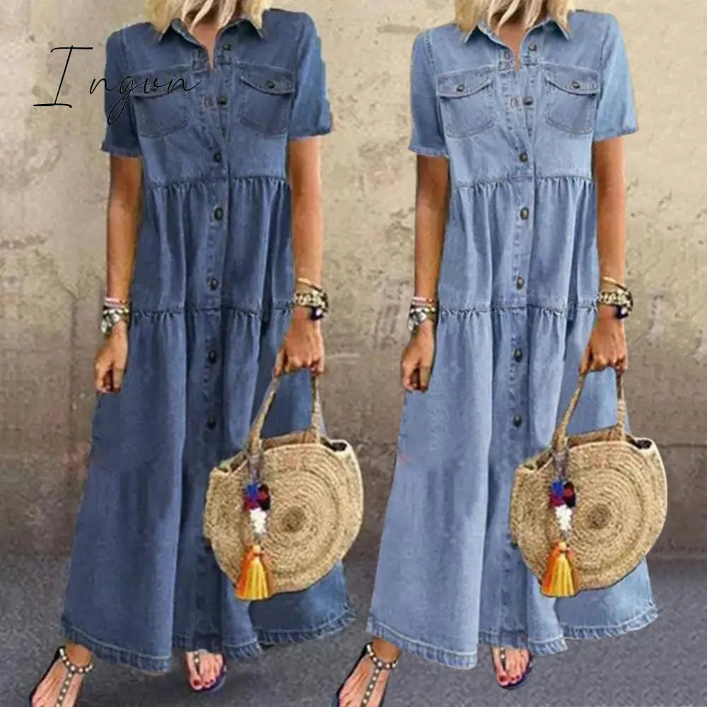 Ingvn - Plus Size 3xl Women Summer Denim Dress Retro Women Short Sleeve Turn Down Collar Pockets Button Long Loose Denim Dress