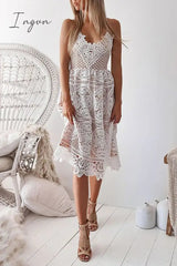 Ingvn - Casual Patchwork Lace Spaghetti Strap Lace Dress Dresses