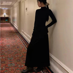 Autumn Half Turtleneck Dress Women Korean Elegant Black Hepburn Style Midi Dress Y2K High Waist Long Sleeve Warm A Line Vestidos