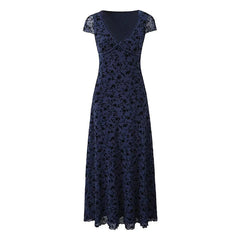 New Women Navy Blue Floral Print Mesh A-line Midi Dress High Waist V Neck Short Sleeve Summer Dresses Vintage  Robe