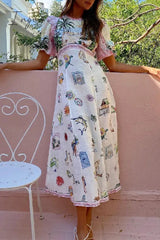 Ingvn - Casual Vintage Cartoon Print Patchwork O Neck A Line Dresses