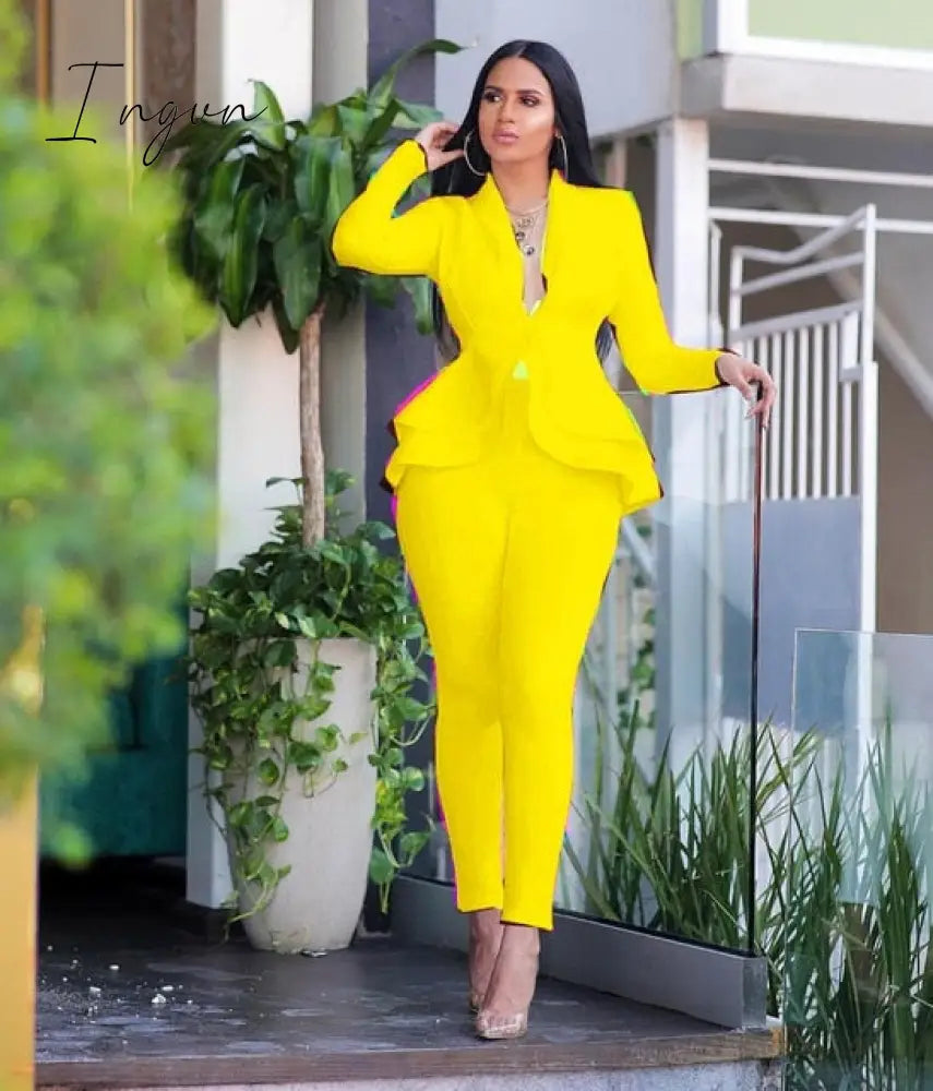 Ingvn - New Women Winter Women's Set Tracksuit Full Sleeve Ruffles Blazers Pencil Pants Suit Two Piece Set Office Lady Outfits Uniform