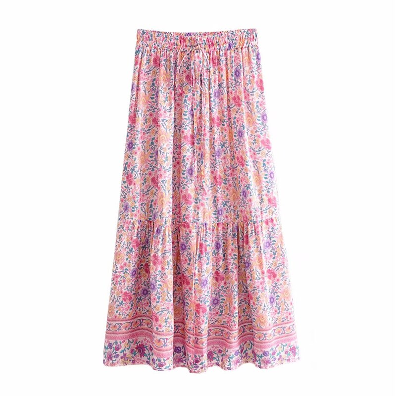 Vintage Chic Fashion Women Pink Floral Print Split Beach Bohemian Skirt High Elastic  A-Line Boho Rayon Maxi Skirts Femme