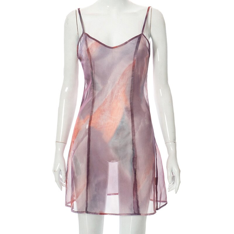 Women's Sexy Sheer Mesh Cami Dress Tie-dye Print V-neck Sleeveless Backless See-Through High Split Mini Dress E-Girl Streetwear