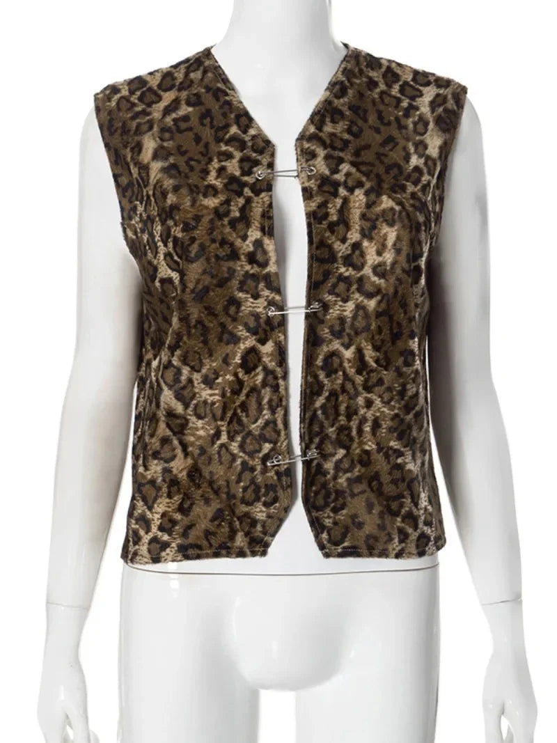 Ingvn  Woman Clothing Fashion Leopard Print Vest Sexy V-neck Sleeveless Cardigan Tops Streetwear  Autumn Female Casual Tank Tops