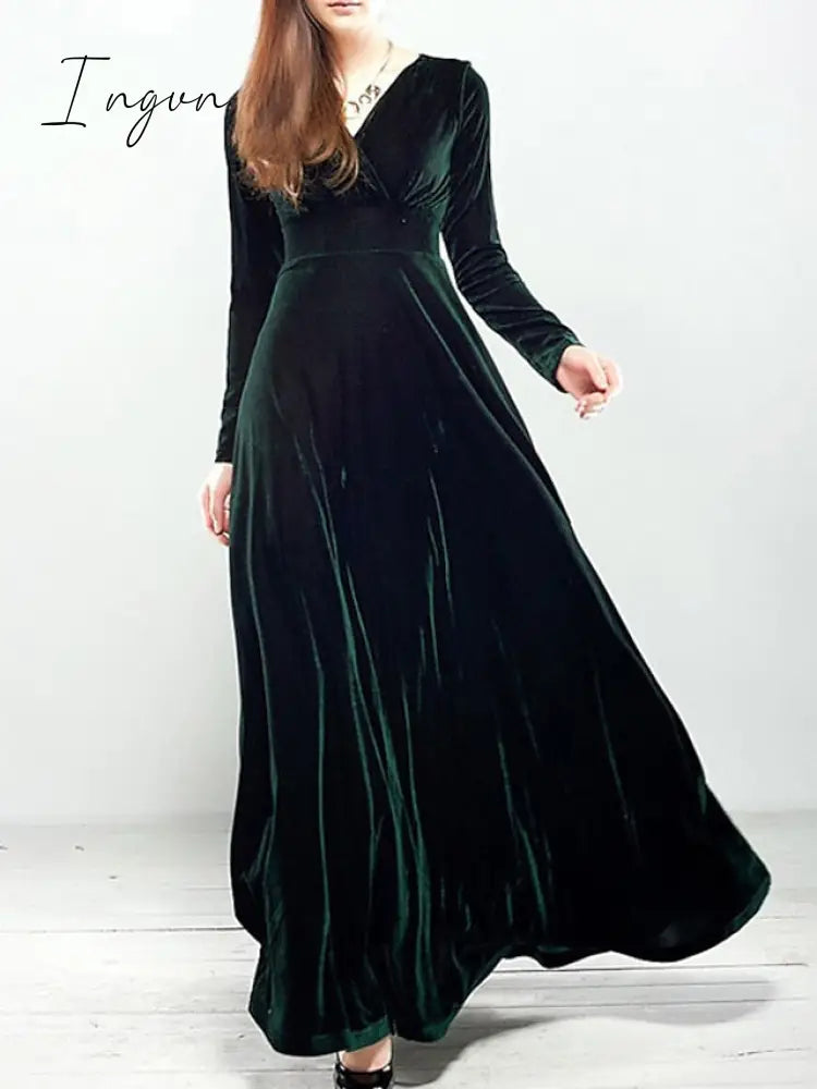Ingvn - Women‘s Party Dress Wedding Guest Dress Velvet Dress Long Dress Maxi Dress Black Wine Royal Blue Long Sleeve Pure Color Ruched Fall Spring V Neck Fashion Party Winter Dress Evening Party 2023 S M L XL