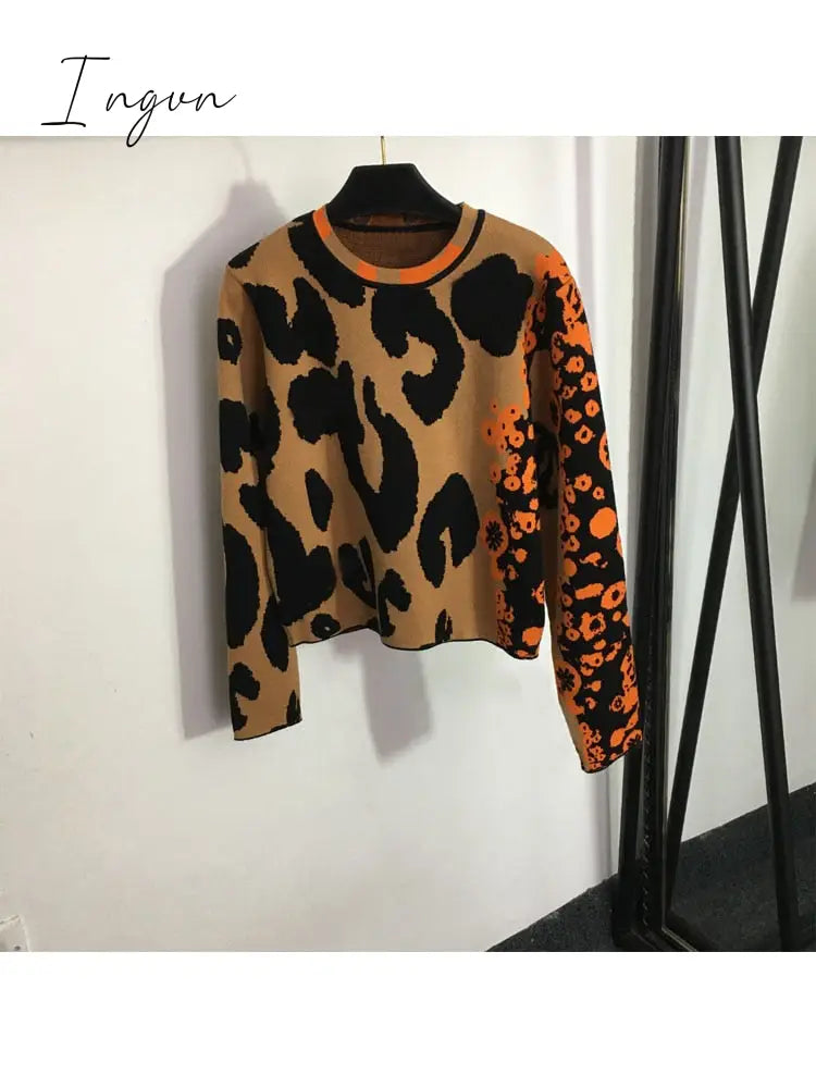 Ingvn - 2023 New Women Fashion Casual Comfortable Leopard Print Crew Neck Long-Sleeved Pullover Sweater