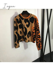 Ingvn - 2023 New Women Fashion Casual Comfortable Leopard Print Crew Neck Long-Sleeved Pullover Sweater