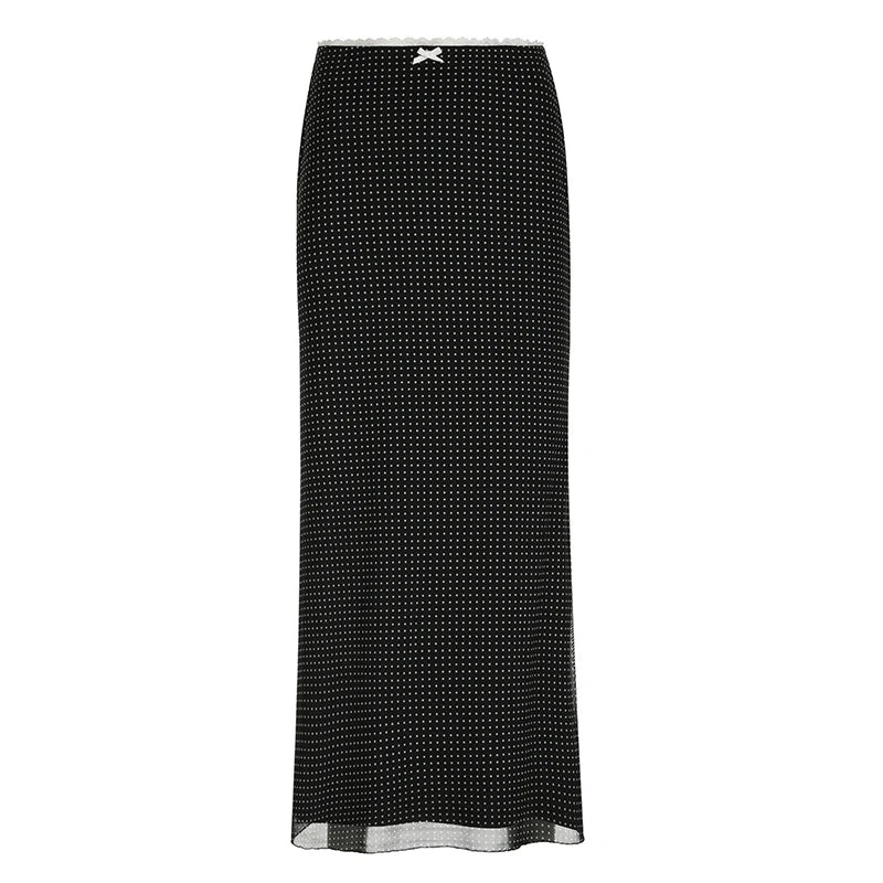 y2k Low Rise Black Long Skirt Cute Bow Patchwork Straight Skirts for Women Streetwear 2000s Ladies Elegant Bottoms Casual
