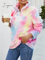Ingvn - Women's Sweatshirt Pullover Fuzzy Teddy Yellow Pink Tie Dye Casual V Neck Long Sleeve Fleece Top Micro-elastic Fall & Winter