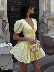 Trendix Yellow Elegant Dress Women Summer Sexy Deep V Neck Lace Up Short Sleeve Dresses Street Casual Vacation Ruffle Mini Dress