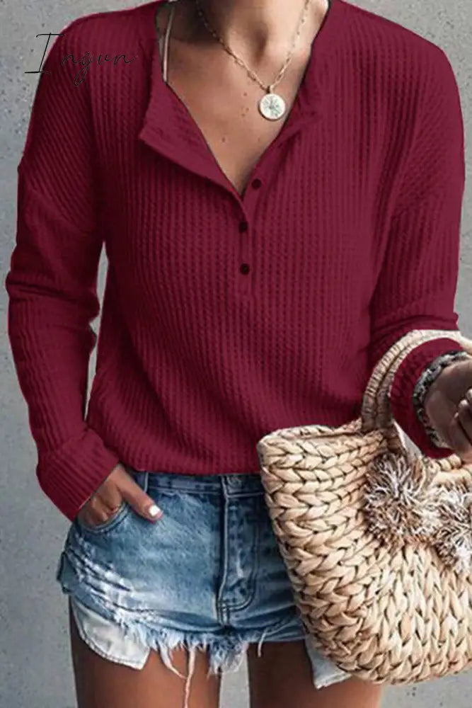 Ingvn - Casual Solid Buttons O Neck Tops