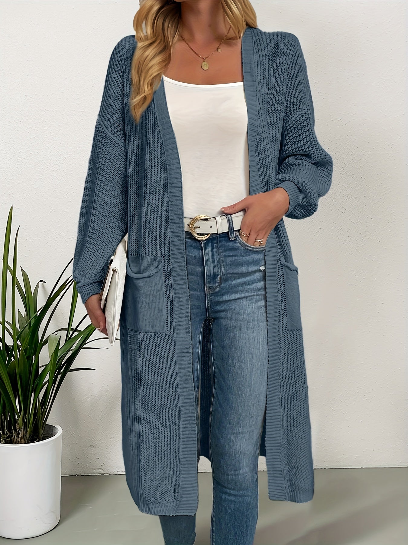 Elegant Warm Knit Cardigan for Women - Solid Color, Long Sleeve & Length, Durable and Cozy for Fall/Winter