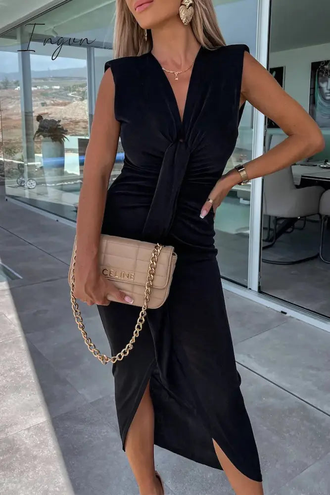 Ingvn - Sexy Simplicity Solid Fold V Neck Irregular Dress Dresses