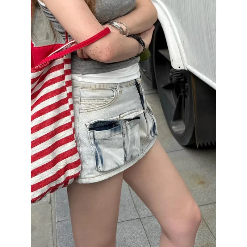 American Retro Skinny Pockets Denim Short Skirt Vintage 2000s High Waist Slim-fitting Basic Women Streetwear Y2k Mini Dress