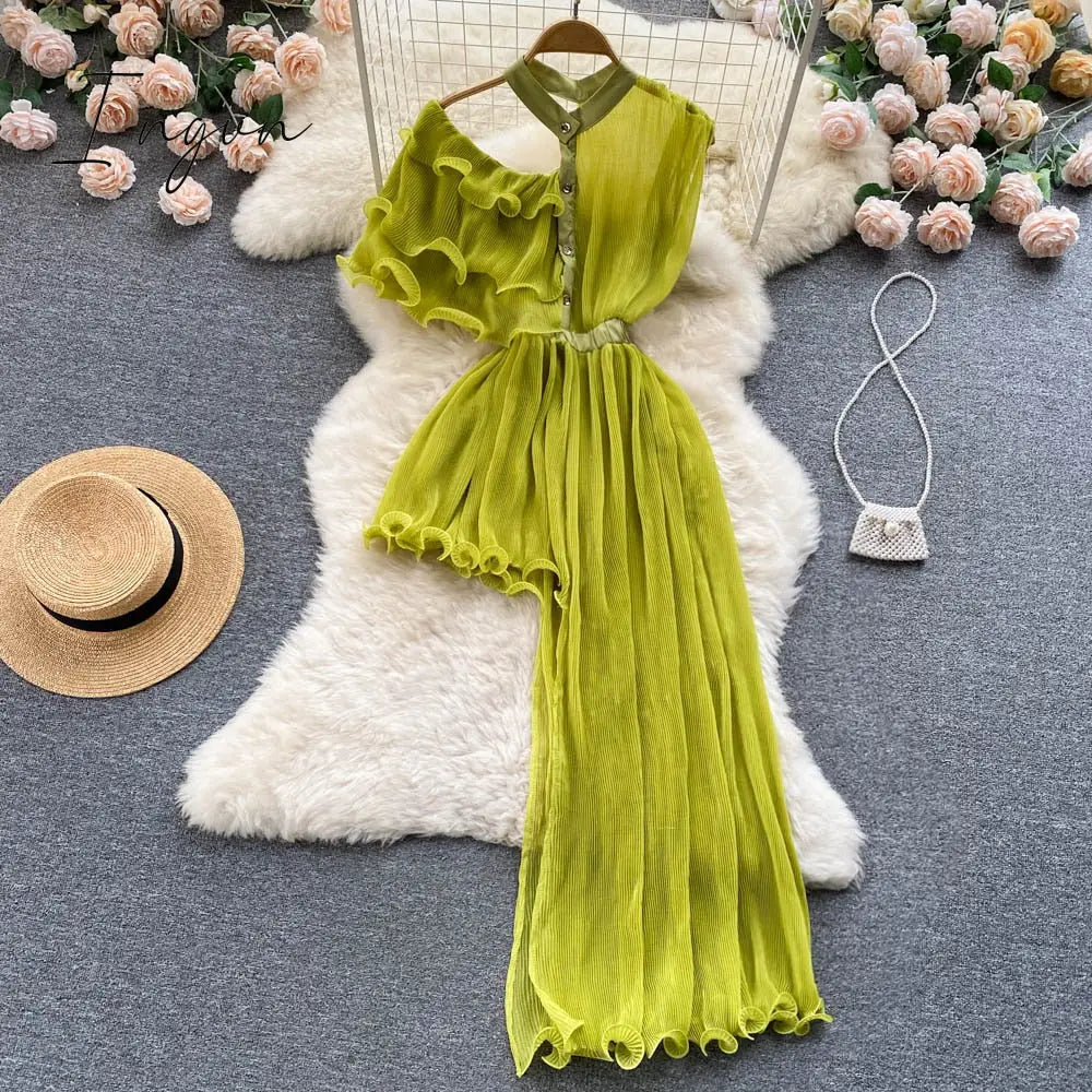 Ingvn - Summer Women Sexy Irregular Dress Elegant Female Ruffle Off Shoulder Slim High Waist Vestidos Green/White/Pink Robe New Fashion