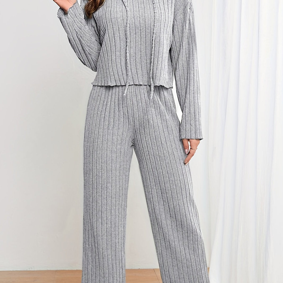 Two-piece Set, Casual Solid Ribbed Drawstring Long Sleeve Hoodie & Wide Leg Pants Outfits for Women