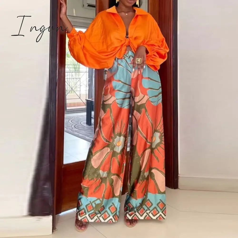 Ingvn - Women 2023 Casual Beach Long Pants New Printed Fashion Wide Leg Pants Lady Leisure Home Relaxed Flower Loose High Waist Trousers