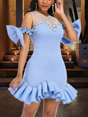 Ingvn - Fashion Trends Women Party Dress Ruffles Mesh Patchwork Bead Sexy with Bowtie Lovely Christmas Event Elastic Bodycon Backless Celebrate Vestido