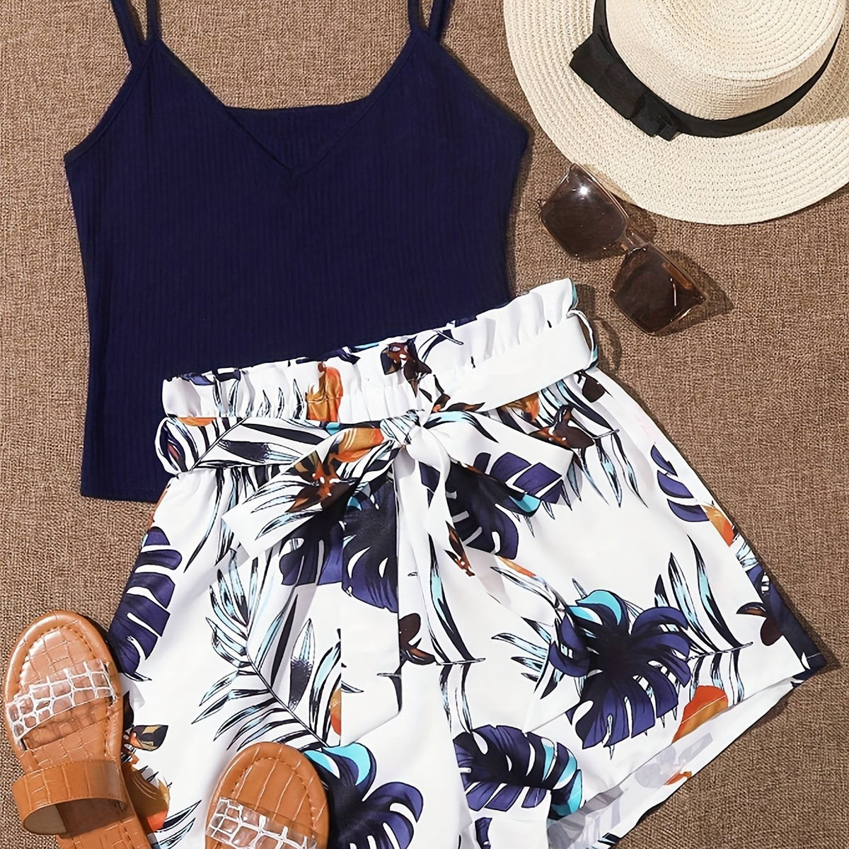 Lightweight Womens Vacation Shorts Outfit Set - Sleeveless V-Neck Cami Top with Vibrant Plants Print & Belted Paperbag Waist Loose Shorts - Effortless Summer Style Two-Piece Ensemble