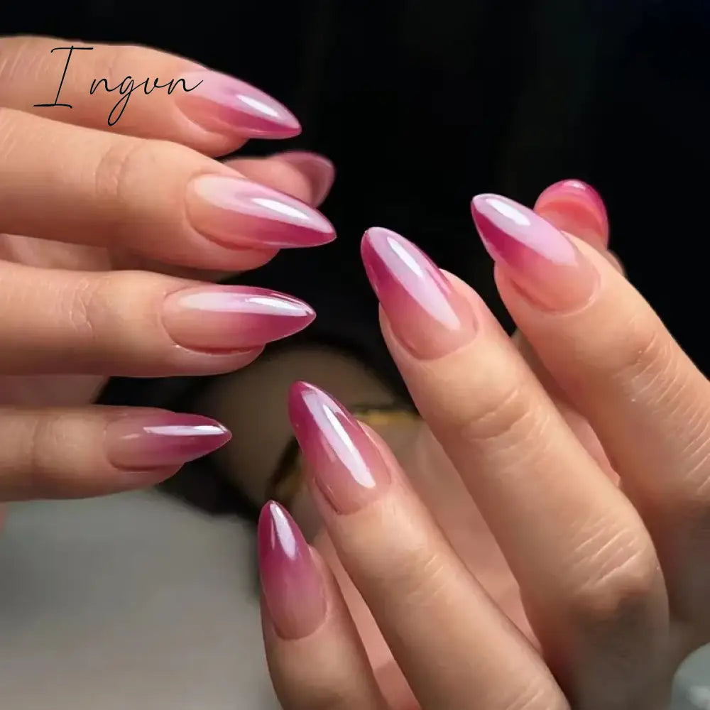 24Pcs False Nails With Glue Almond Pink Butterfly Design Detachable Rhinestones Acrylic Fake Nails long stiletto Press On Nails