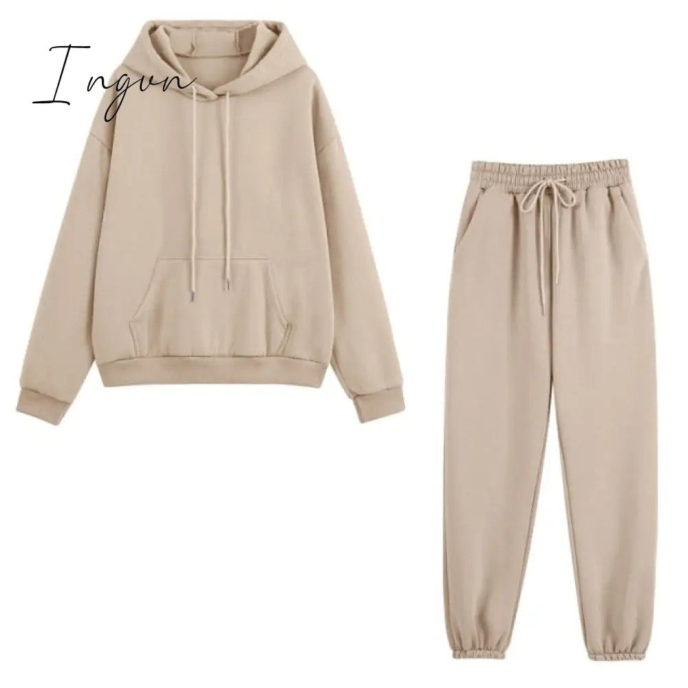 Ingvn - Fleece Tracksuits Women Two Pieces Set Hooded Oversized Sweatshirt Pants Solid Color Hoodie Suits Autumn Winter Casual Outfits