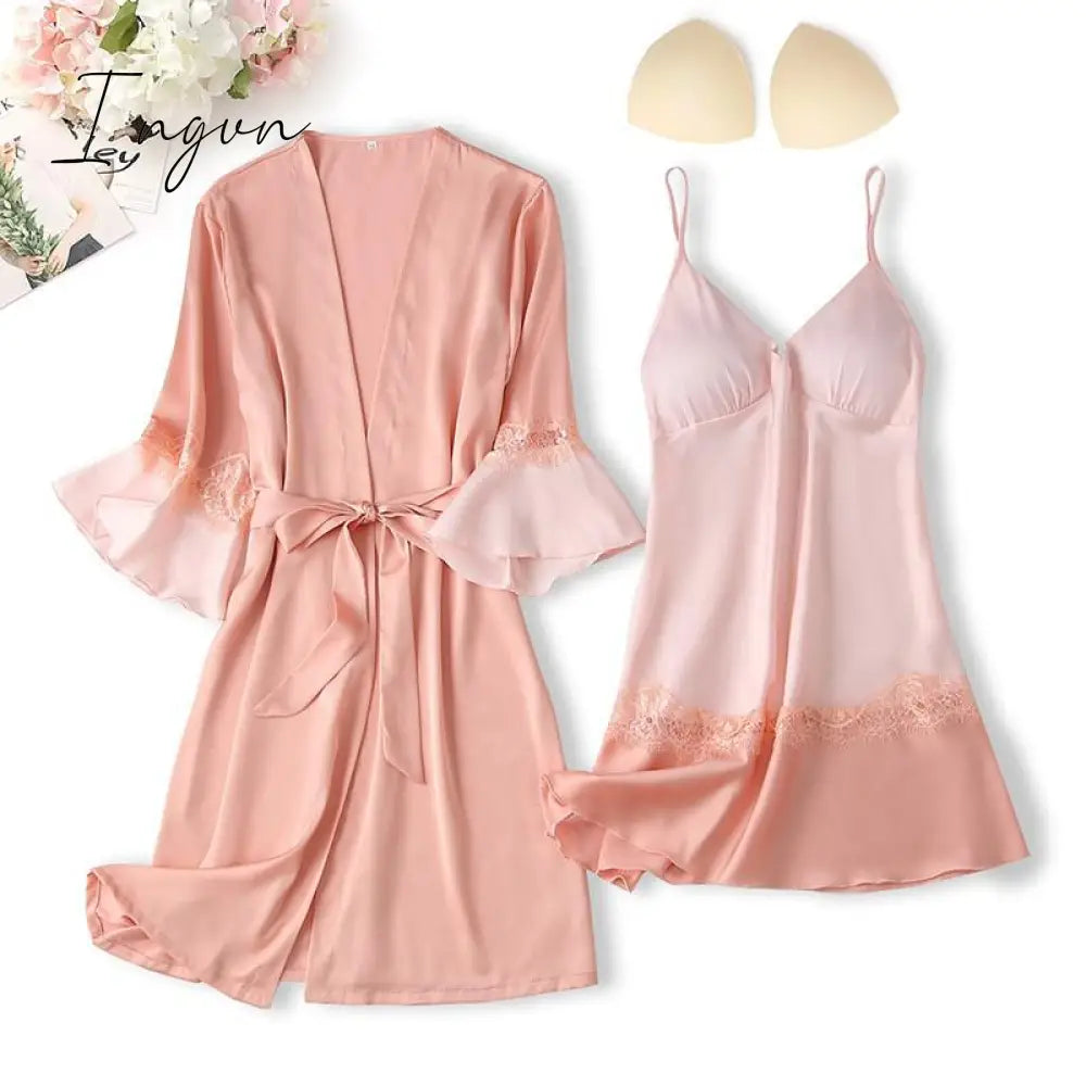 Ingvn - Lace Trim Sexy Wedding Lady Robe Suit Loose Satin Bride Bridesmaid Kimono Bathrobe Gown Mini Sleepwear Rayon Intimate Lingerie