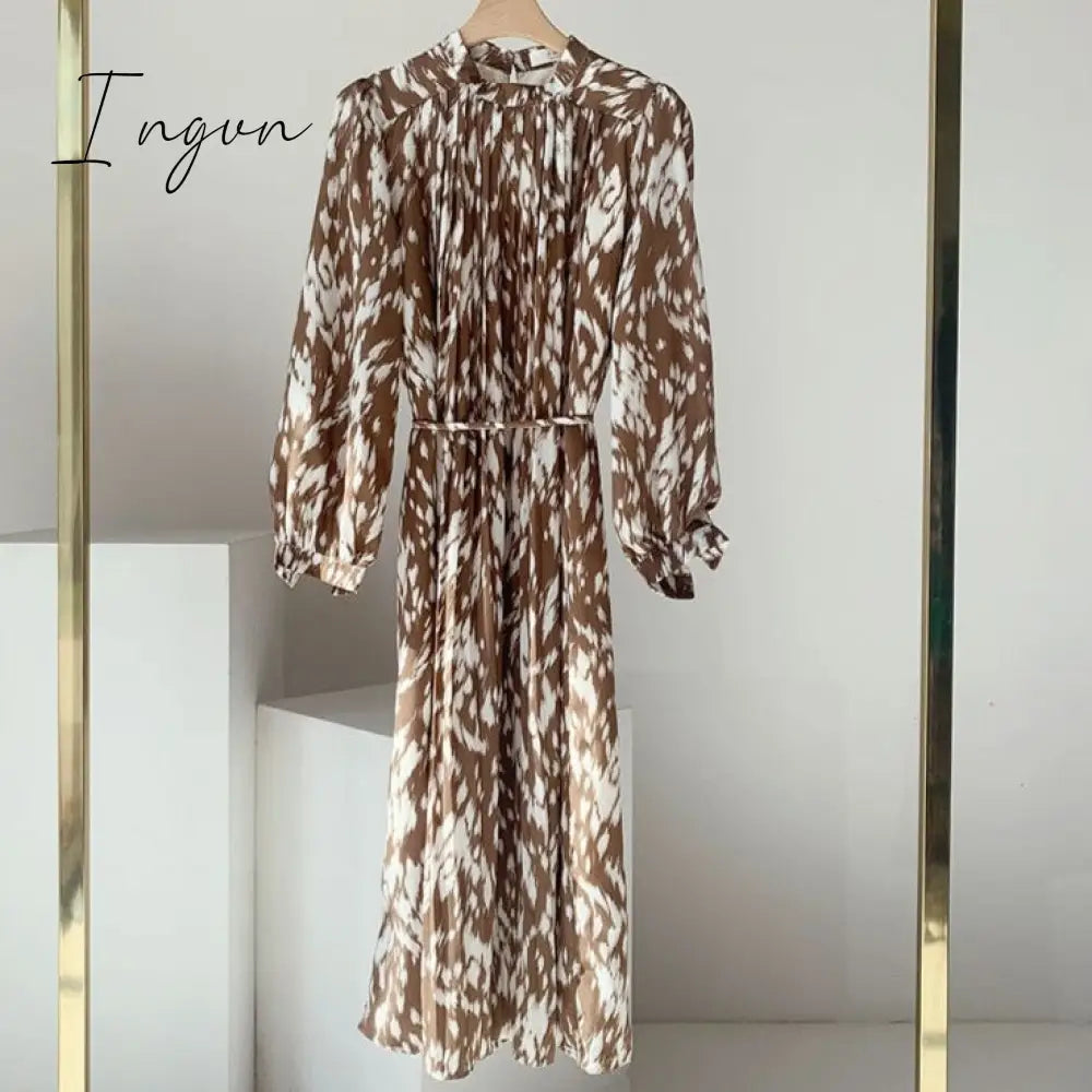 Ingvn - Spring New Stand Collar Women Full Sleeve Dress Elegant Hit Color Female Lace-up Printed Midi Dress Vestidos