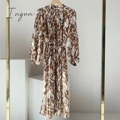 Ingvn - Spring New Stand Collar Women Full Sleeve Dress Elegant Hit Color Female Lace-up Printed Midi Dress Vestidos