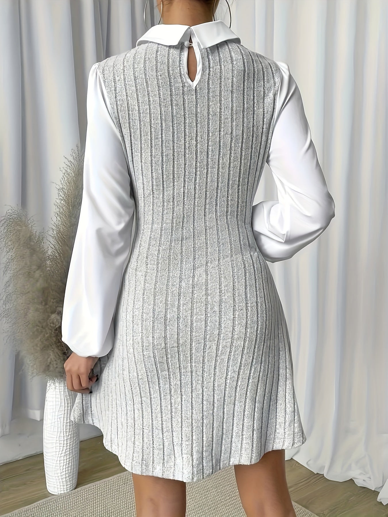 Casual A-Shaped Knitted Color Stitching Lantern Sleeve Dress with Lapel Back Keyhole, Women's Clothing