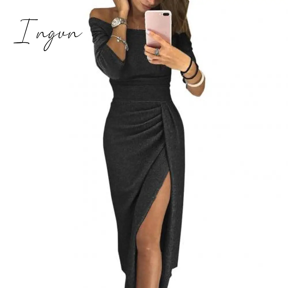 Ingvn - Spring Autumn Solid Women's Tunic Lady Evening Party Dresses Off Shoulder High Waist Long Dress Elegant Sexy Club Vestidos