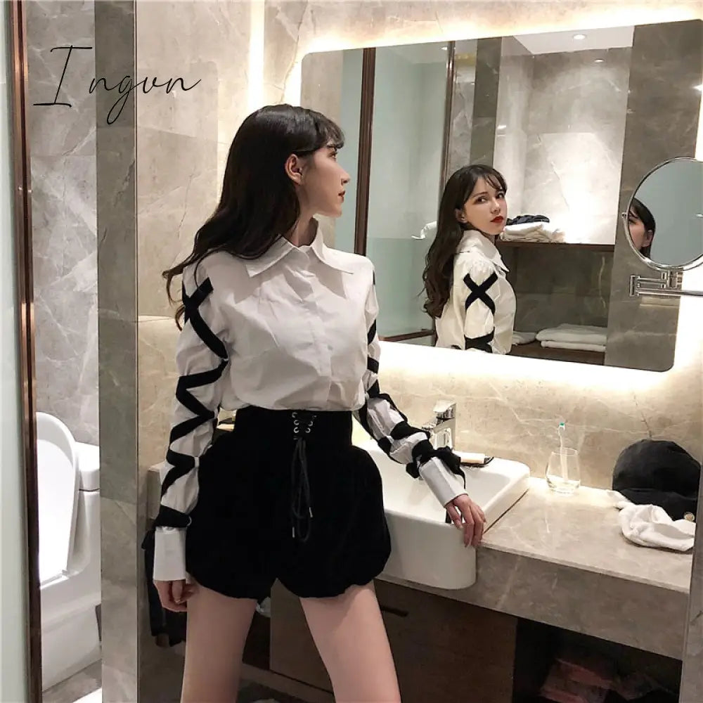 Ingvn - Womens Fashion Casual Office Lady Female Blous Long Sleeve Shirt Women Stitching Black Ribbons Spring Top Blouse 16W057