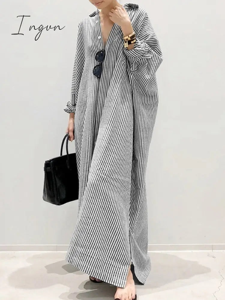Ingvn - Summer New Dress Fashion Cotton Linen Striped Cardigan Loose Large Casual Temperament Commuter Irregular Women's Long Dress tops