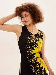Sunflower Bloom Keyhole Maxi Dress - Casual Crew Neck, Sleeveless with Pockets - Feminine & Flattering Womens Summer Wear