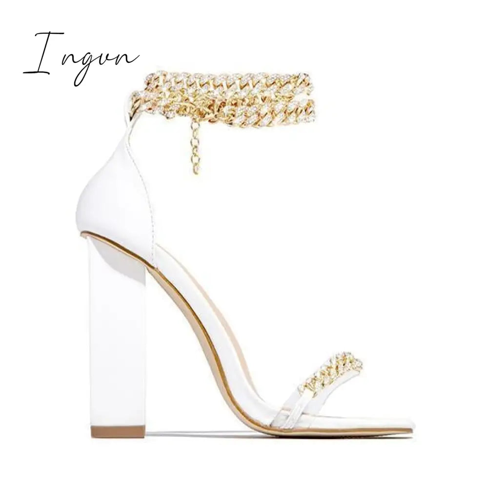 Ingvn - Gold-Tone Chain Embellished Ankle Strap Chunky Heels