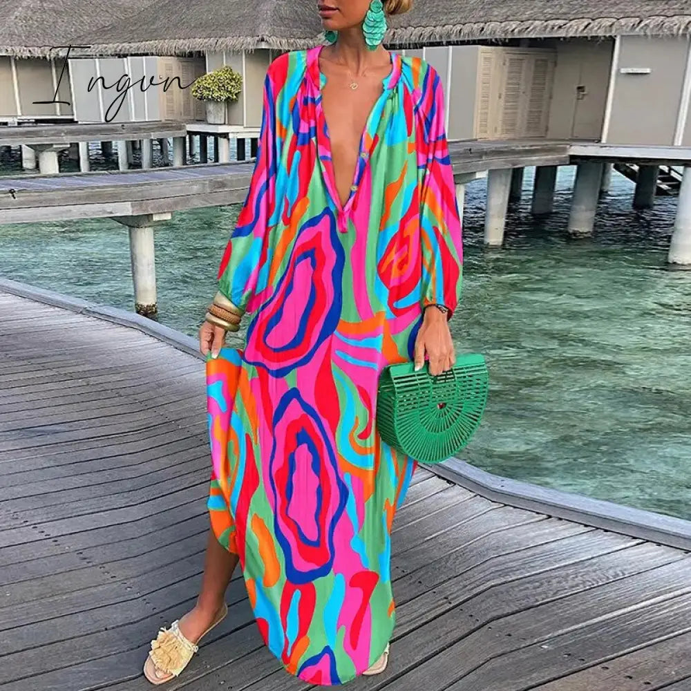 Ingvn - Autumn New Women's Loose Long Sleeves Dress Casual Printed Long Sleeves Streetwear Ladies Fashion V Neck Elegant Commute Dresses