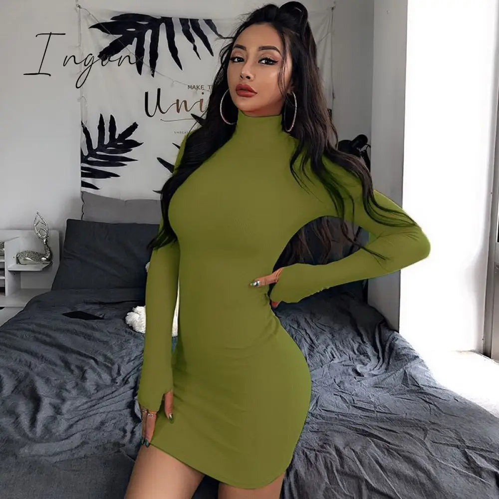 Ingvn - Autumn Long Sleeve Bottom Dress for Women High Collar Temperament Solid Color Dress Bodycon Mini Dresses Female Harajuku