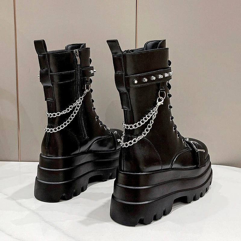 Autumn Winte Punk Halloween Witch Cosplay Platform High Wedges Heels Black Gothic Boots Women Shoes Big Size 42 Rivet Shoe