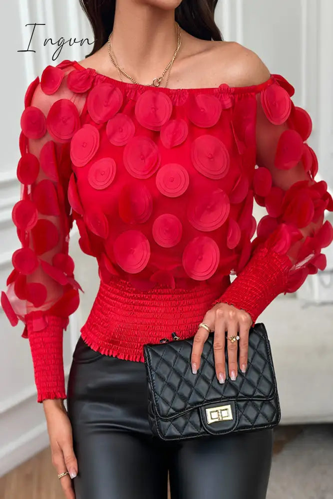 Ingvn - Celebrities Elegant Solid Appliques Mesh Off the Shoulder Tops