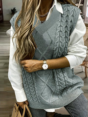 Cozy Plus Size Cable Knit Vest - Women's Solid V Neck Medium Stretch Sweater - Soft, Casual, and Comfortable for Daily Wear