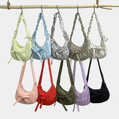 Ingvn  Popular Preppy Style Nylon Bow Hobo Bag Women Cute Pretty Pleated Shoulder Crossbody Bag Drawstring Exquisite Shoulder Bag