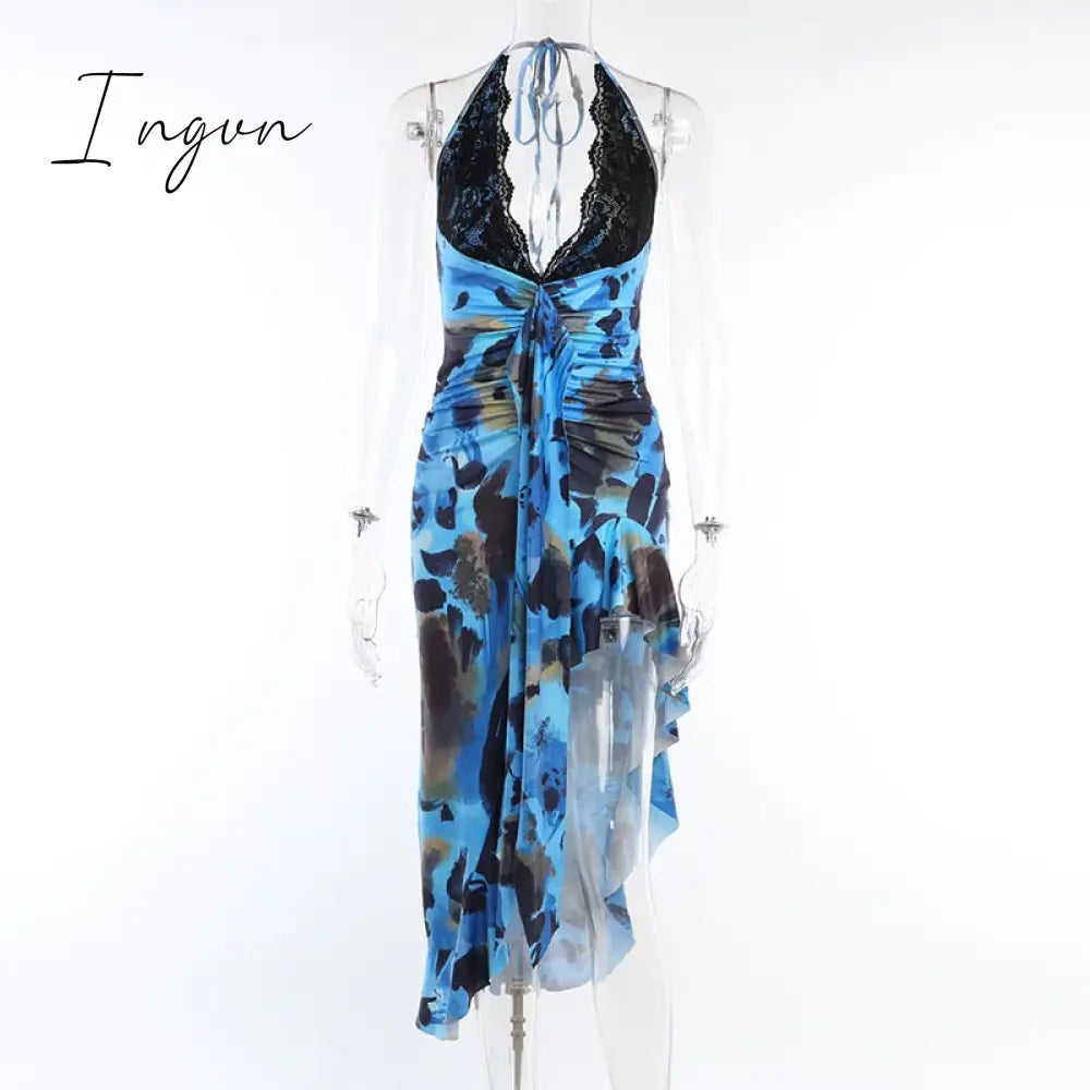 Ingvn - Lace Patchwork Deep V Neck Print Maxi Dress Women Gown Summer New Sleeveless Backless Irregular Ruffle Sexy Long Dress