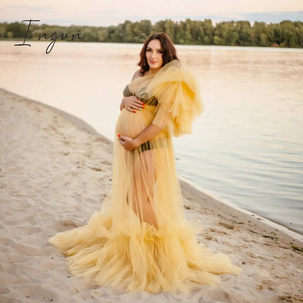 Ingvn - Elegant One Shoulder Tulle Maternity Dresses See Through Sexy Women Plus Size Tulle Maternity Dressing Gowns For Photography