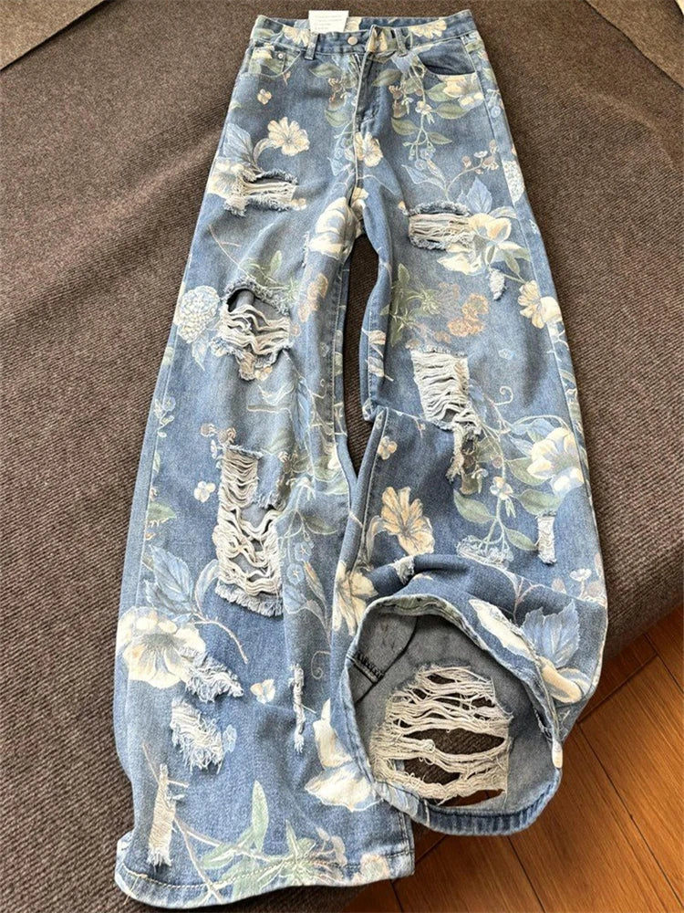 Ingvn  Women's Flower Print Design Distressed Jeans Young Girl Summer Thin Straight Bottoms Vintage Trousers Female Wide Leg Pants