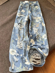 Ingvn  Women's Flower Print Design Distressed Jeans Young Girl Summer Thin Straight Bottoms Vintage Trousers Female Wide Leg Pants