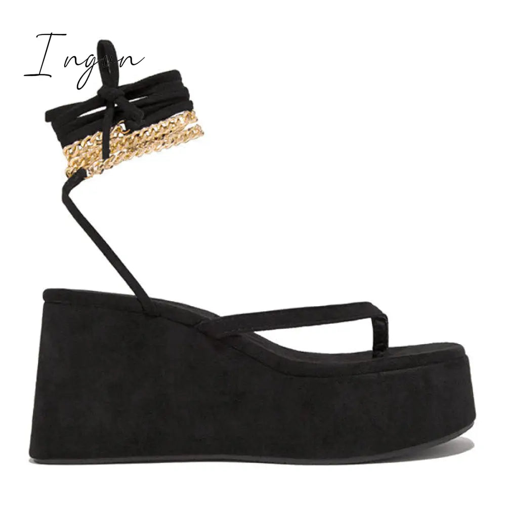 Ingvn - Ankle Chain Lace-Up Thong Entry Wedge Platform Sandals